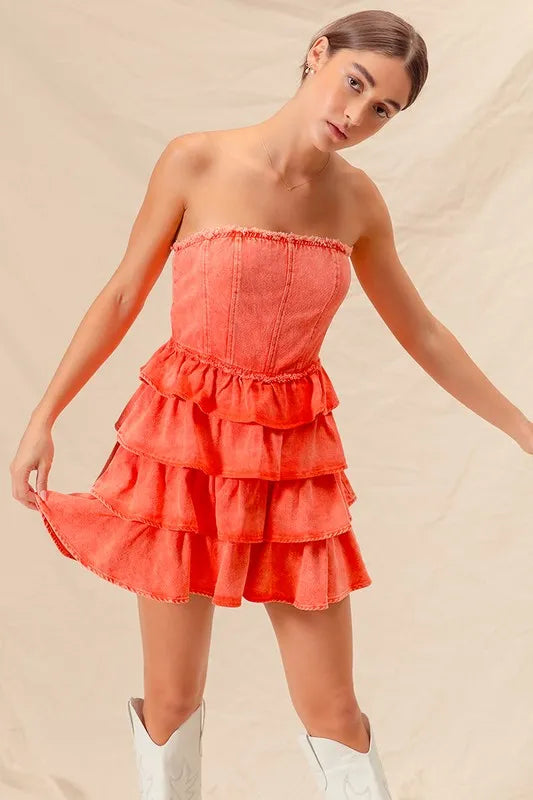 Trendsi Strapless Ruffle Layered Dress in Vibrant Coral with a Flirty Multi-Tier Design