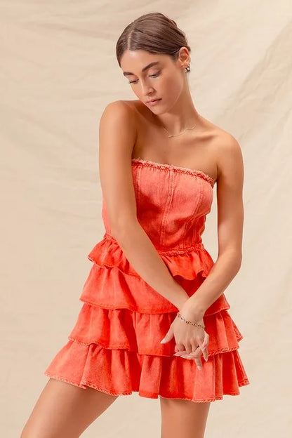 Trendsi strapless ruffle layered dress in vibrant orange for a trendy summer look