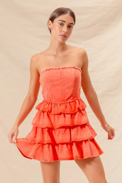 Trendsi strapless ruffle layered dress in vibrant orange with a flattering frill design