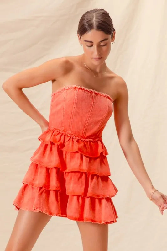 Trendsi strapless ruffle layered dress in vibrant orange with a flirty tiered design for summer outings