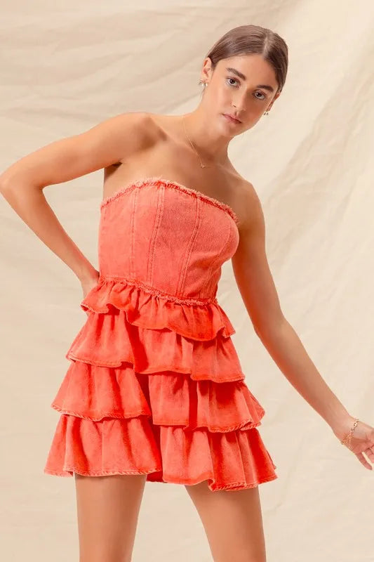 Trendsi strapless ruffle layered dress in vibrant orange with a tiered design for a chic summer look