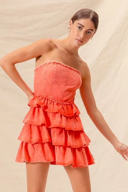Trendsi strapless ruffle layered dress in vibrant orange with a tiered design for a chic summer look