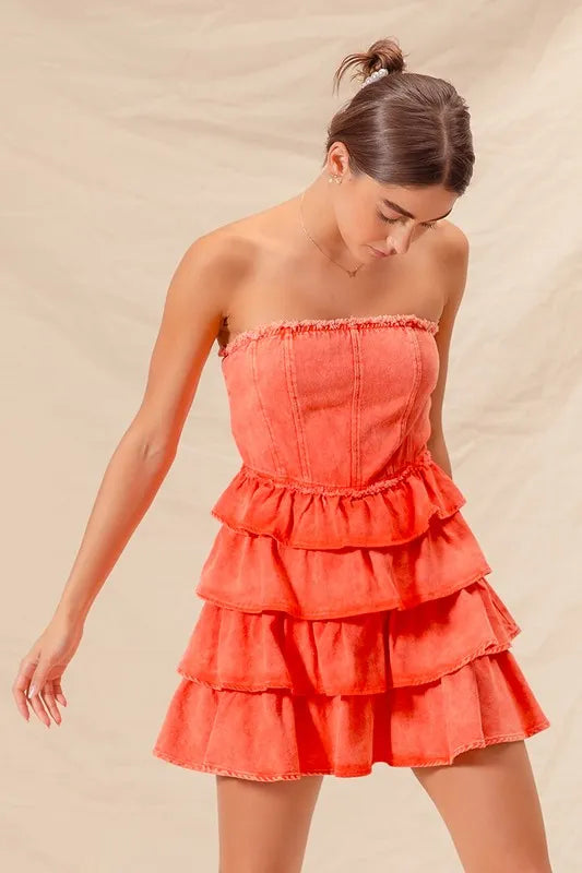 Trendsi strapless ruffle layered dress in coral with a flared tiered design for a stylish summer look