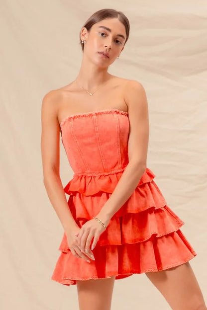 Trendsi strapless ruffle layered dress in vibrant orange with a flattering tiered design