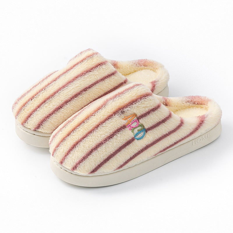 Cozy striped plush winter slippers with a soft texture and comfy fit for indoor wear