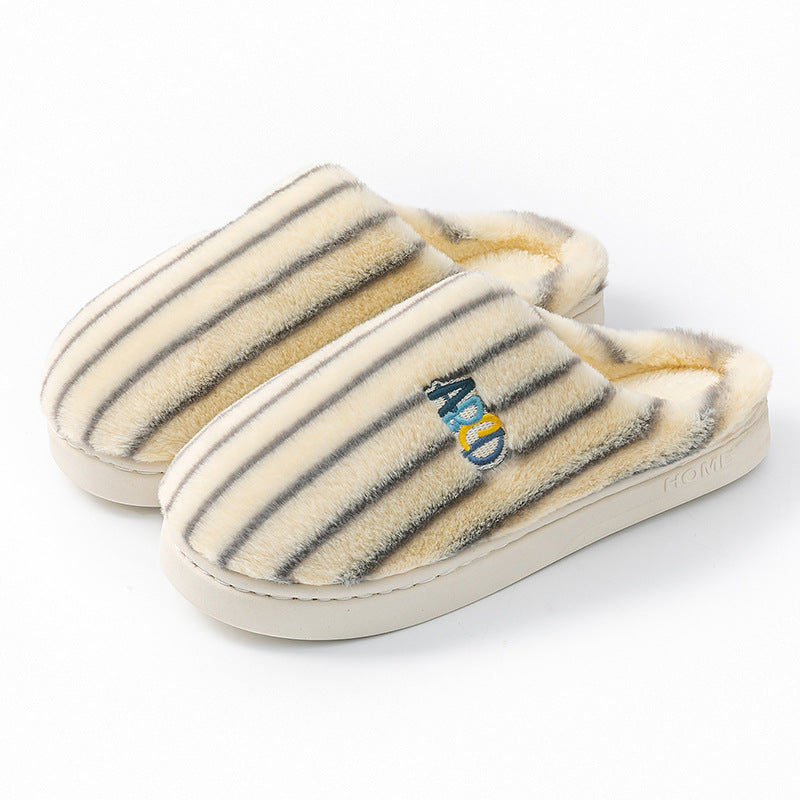 Striped plush winter slippers with soft fur material for cozy indoor wear
