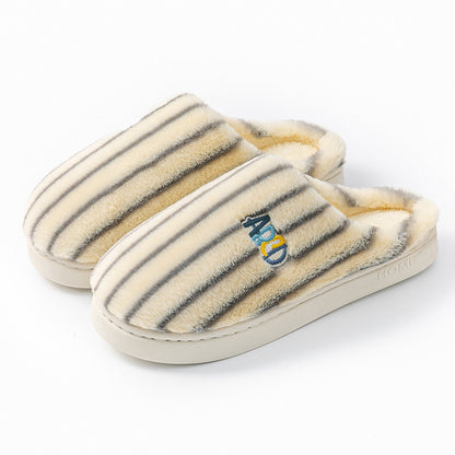 Striped plush winter slippers with soft fur material for cozy indoor wear