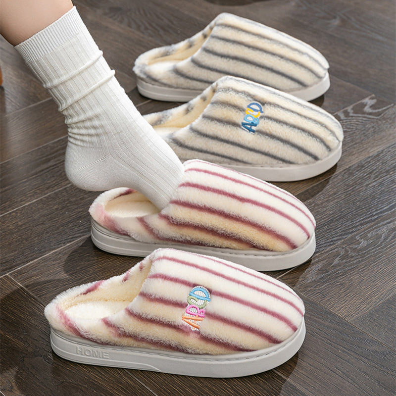 Striped plush winter slippers in various colors with soft lining for cozy indoor comfort