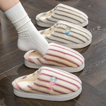 Striped plush winter slippers in various colors with soft lining for cozy indoor comfort