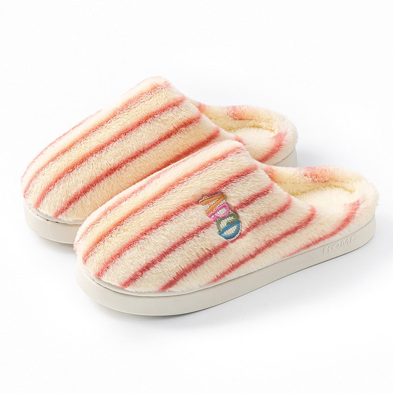 Cozy striped plush winter slippers in soft fabric for warmth and comfort indoors