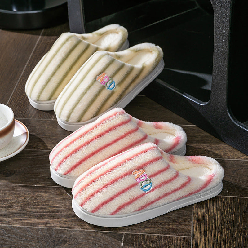 Striped plush winter slippers in cream and pink color for cozy indoor comfort