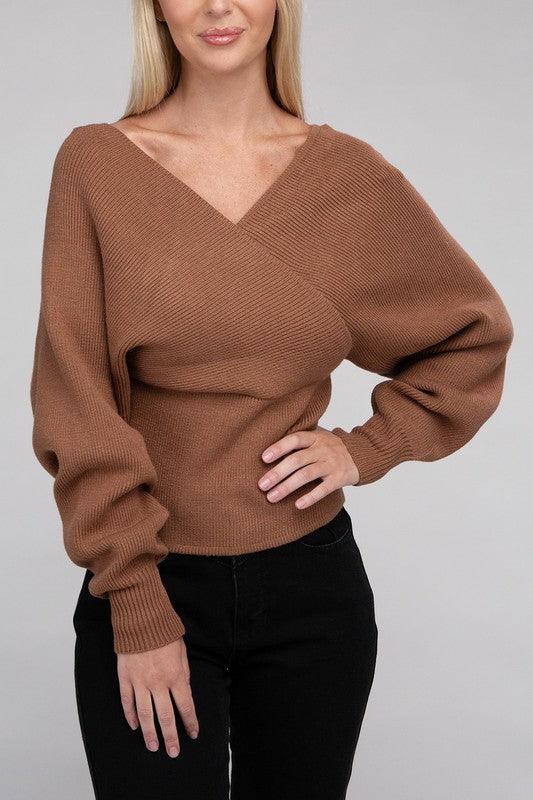 Shophouse Northwest brown viscose wrap sweater with V neck ribbed knit balloon sleeves and fitted waist