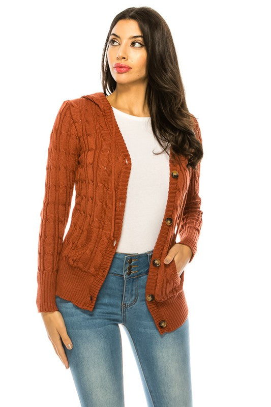 Shophouse Northwest plus size knit cardigan sweater rust cable knit button front with pockets over white tee