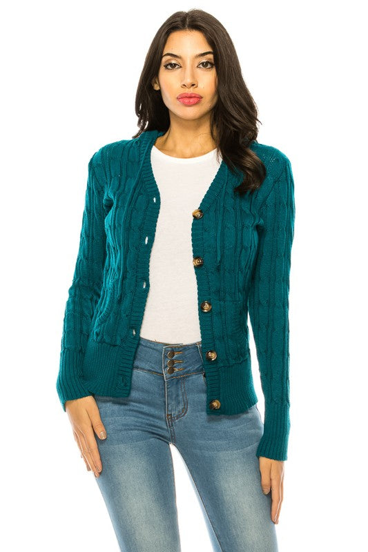Shophouse Northwest teal cable plus size knit cardigan sweater with wooden buttons and ribbed hem