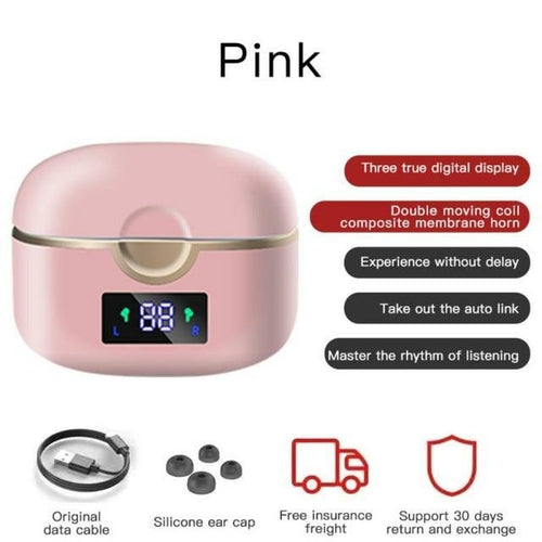 Pink Ninja Dragon Power Bass Touch Bluetooth earbuds case with digital display and silicone ear caps