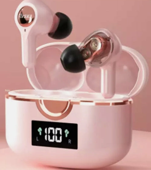 Ninja Dragon Power Bass Touch Bluetooth earbuds in a pink charging case with digital battery display