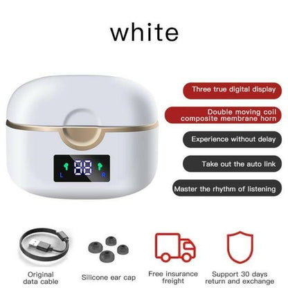 Ninja Dragon Power Bass Touch Bluetooth earbuds in white with a digital display and accessories