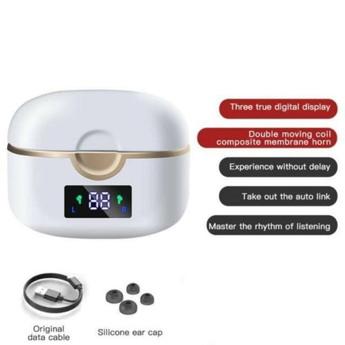 Ninja Dragon Power Bass Touch Bluetooth earbuds in white charging case with digital display and accessories