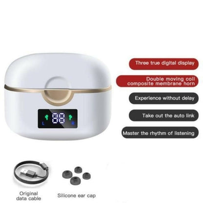 Ninja Dragon Power Bass Touch Bluetooth earbuds in white charging case with digital display and accessories