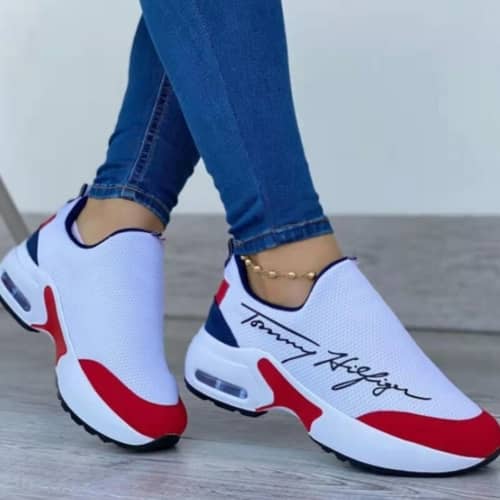 Stylish white and red athletic shoes for women, perfect casual walking shoes for women