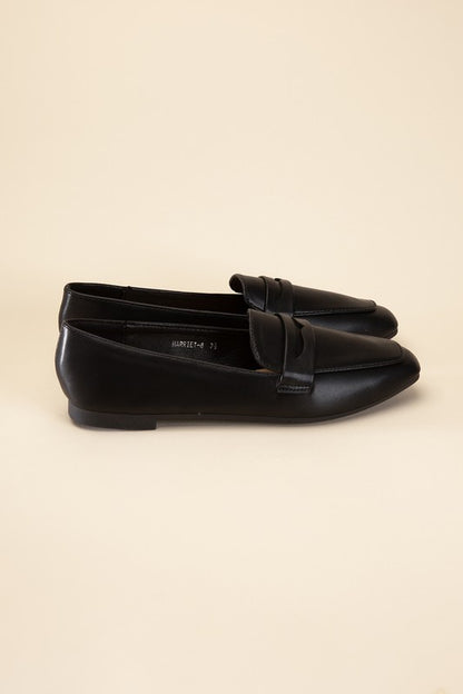Black leather Harriet-8 slip on penny flats shoes by Shophouse Northwest classic low heel loafer
