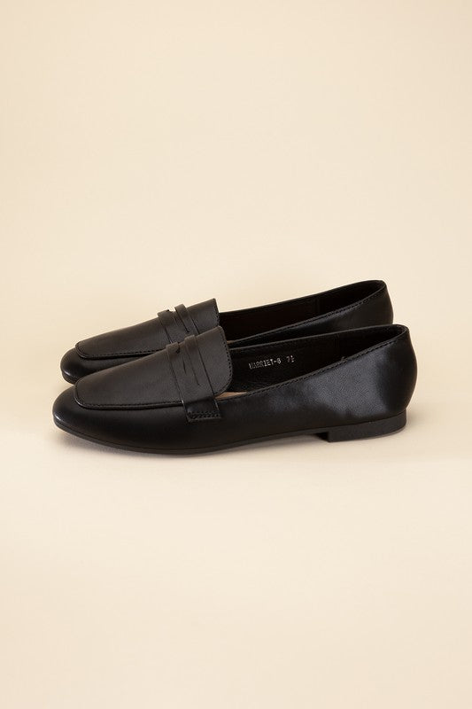 Shophouse Northwest Harriet-8 slip on penny flats shoes in black leather classic low heel loafer style