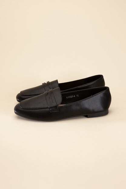 Shophouse Northwest Harriet-8 slip on penny flats shoes in black leather classic low heel loafer style