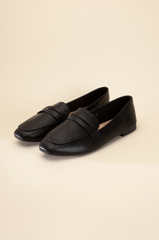 Shophouse Northwest Harriet-8 slip on penny flats shoes in black leather low heel casual work loafers