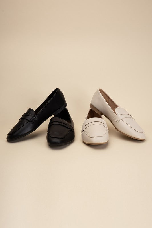 Shophouse Northwest Harriet-8 slip on penny flats shoes in black and cream leather classic loafer style for everyday wear