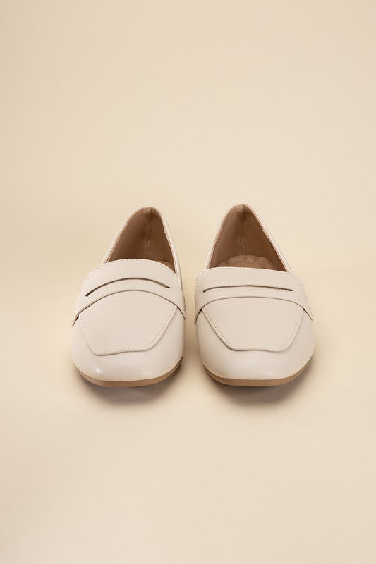 Shophouse Northwest Harriet-8 slip on penny flats shoes in cream leather for everyday work and casual wear