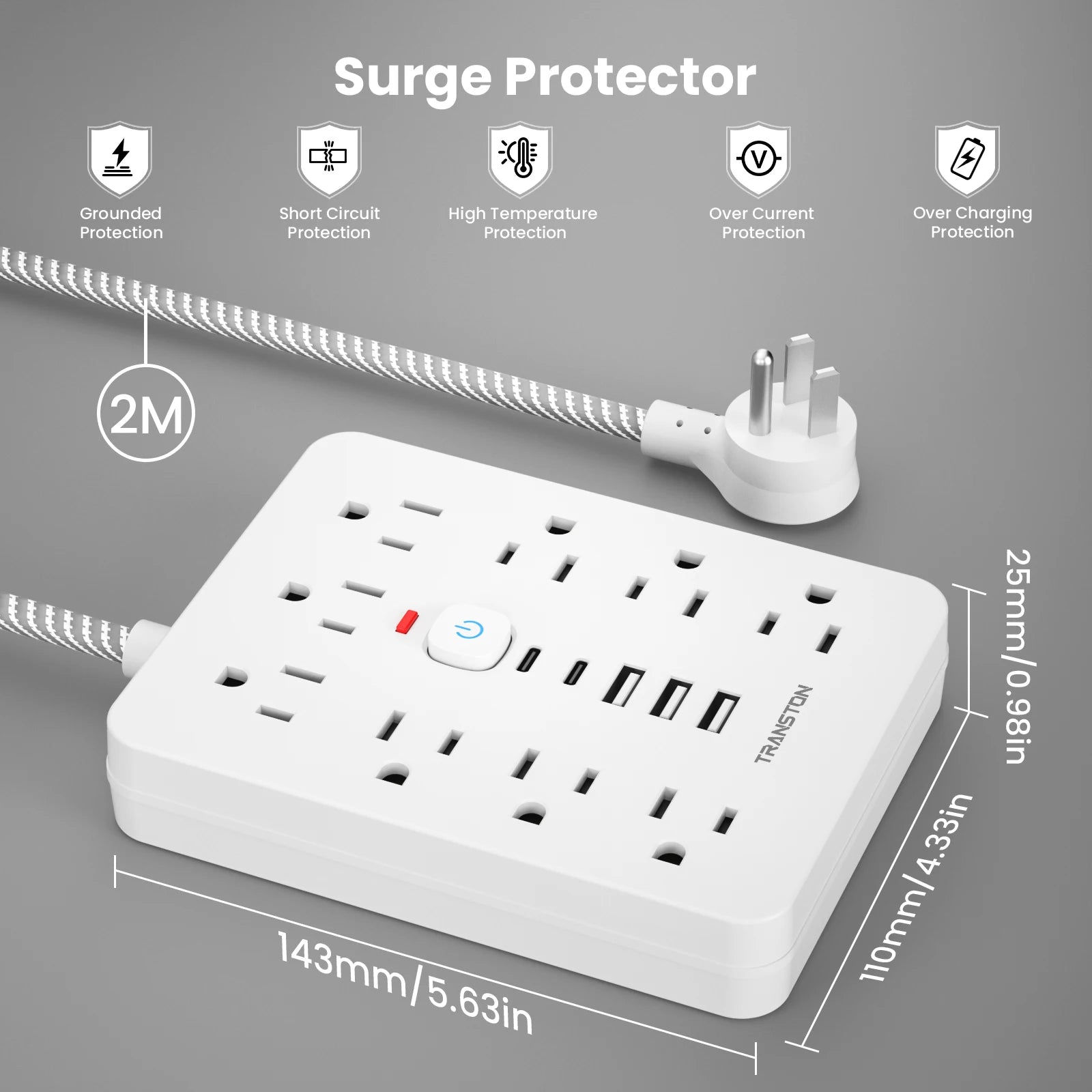 White power strip surge protector with usb featuring multiple outlets and four USB ports with safety protections