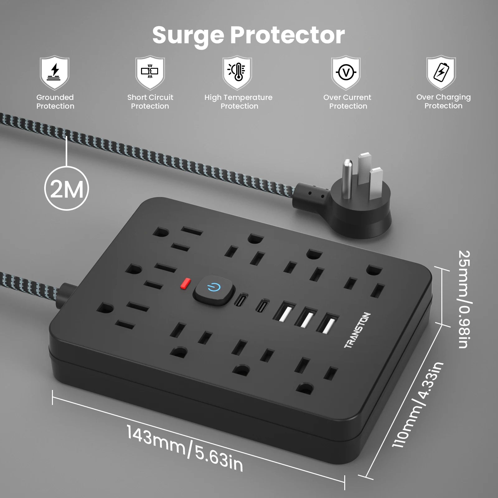 power strip surge protector with USB C and multiple outlets with safety protections and a 2 meter braided cable