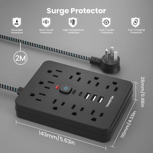 power strip surge protector with USB C and multiple outlets with safety protections and a 2 meter braided cable