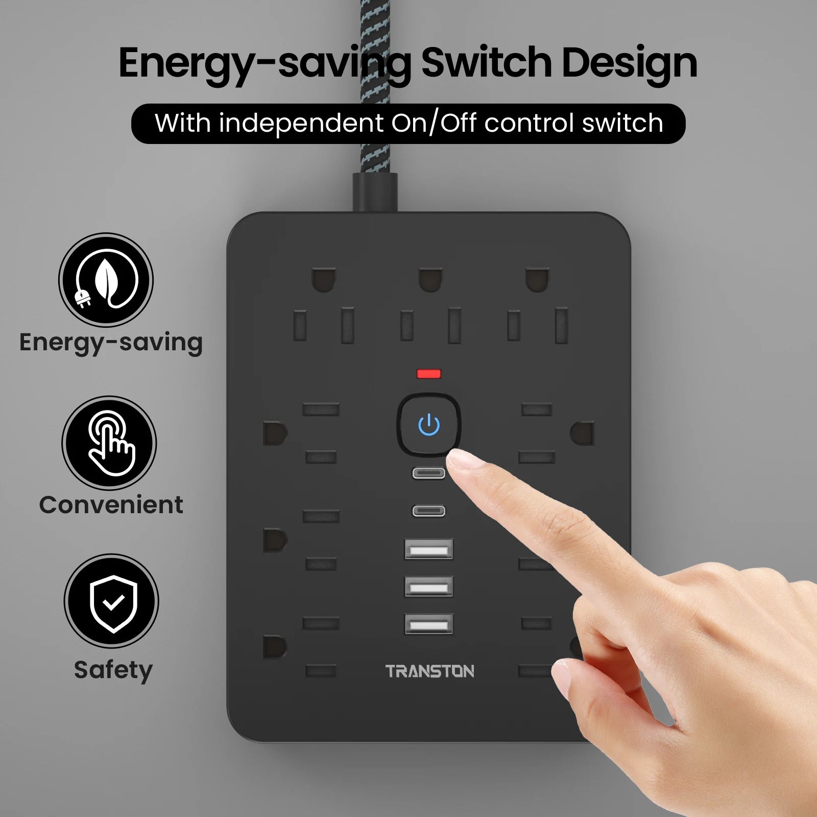 Black power strip surge protector with USB C featuring energy-saving switch and independent on off control