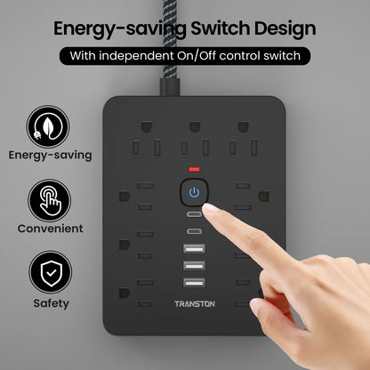 Black power strip surge protector with USB C featuring energy-saving switch and independent on off control