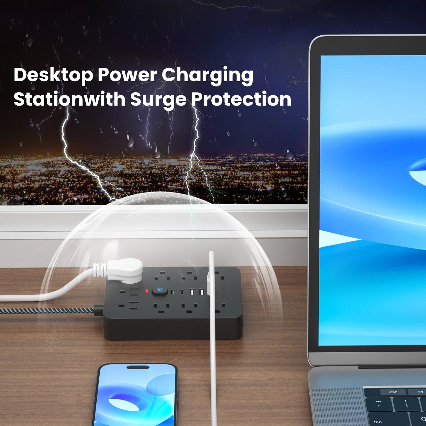 Desktop power strip surge protector with USB C charging multiple devices safely on wood desk