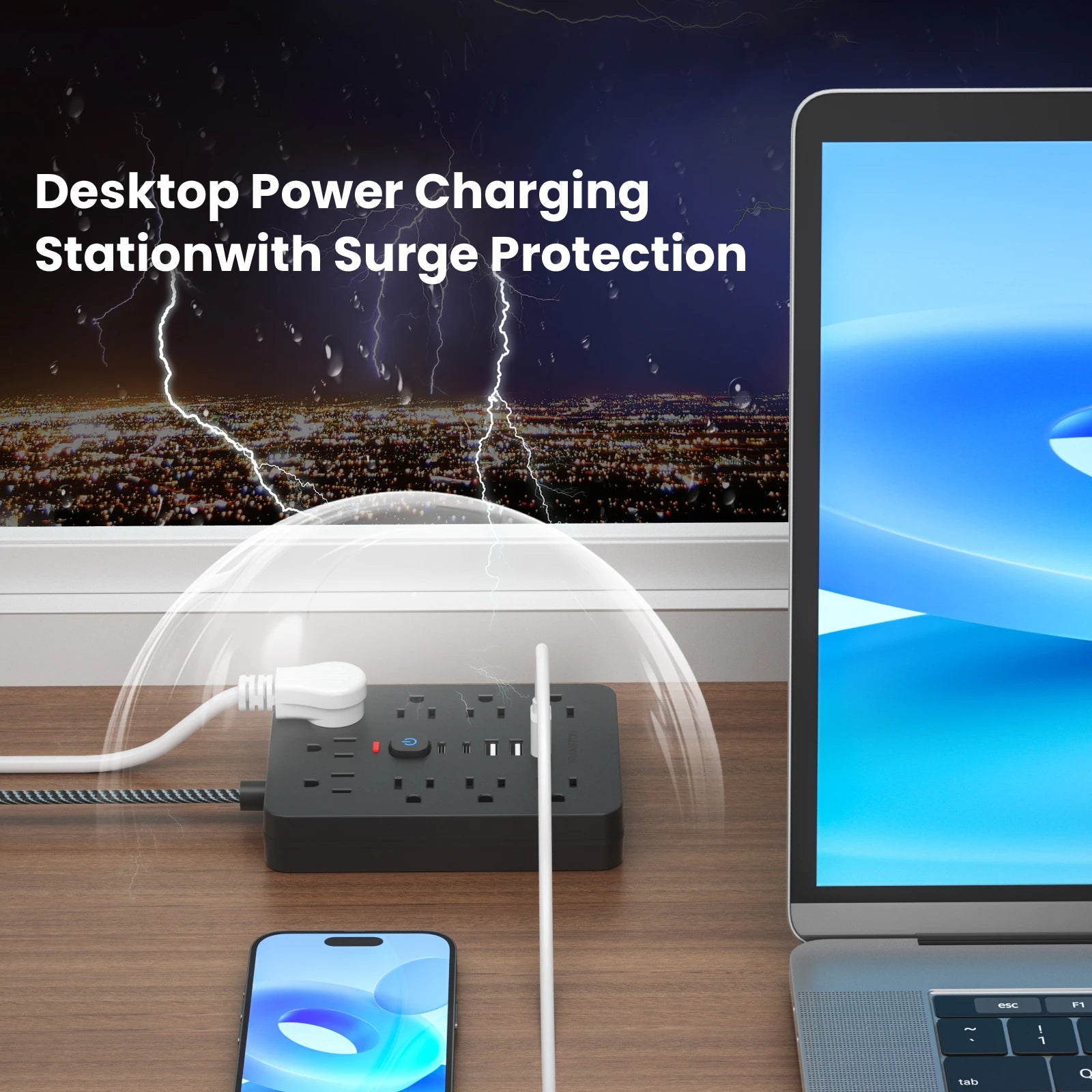 Desktop power strip surge protector with USB C charging multiple devices safely on wood desk