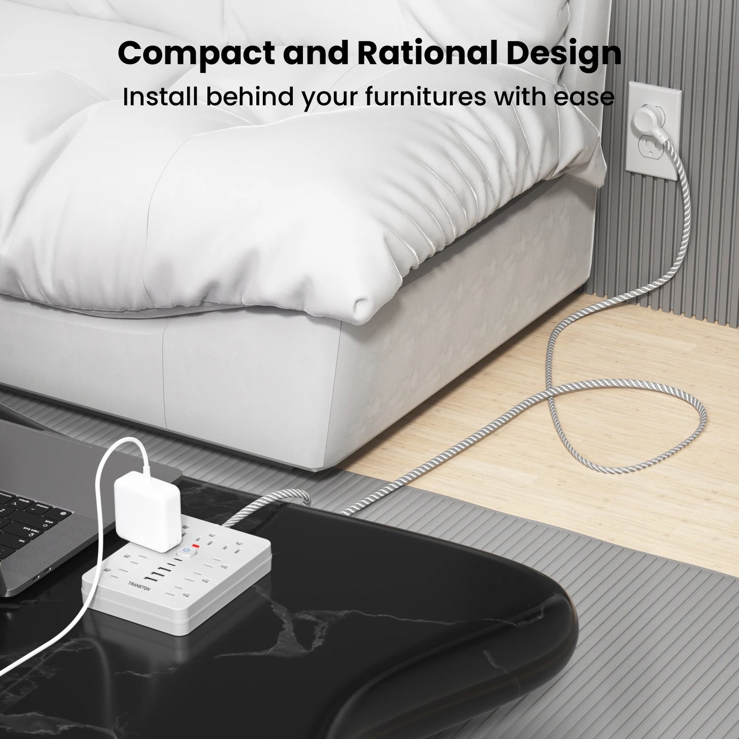 Compact power strip surge protector with usb installed behind furniture to save space and organize cables