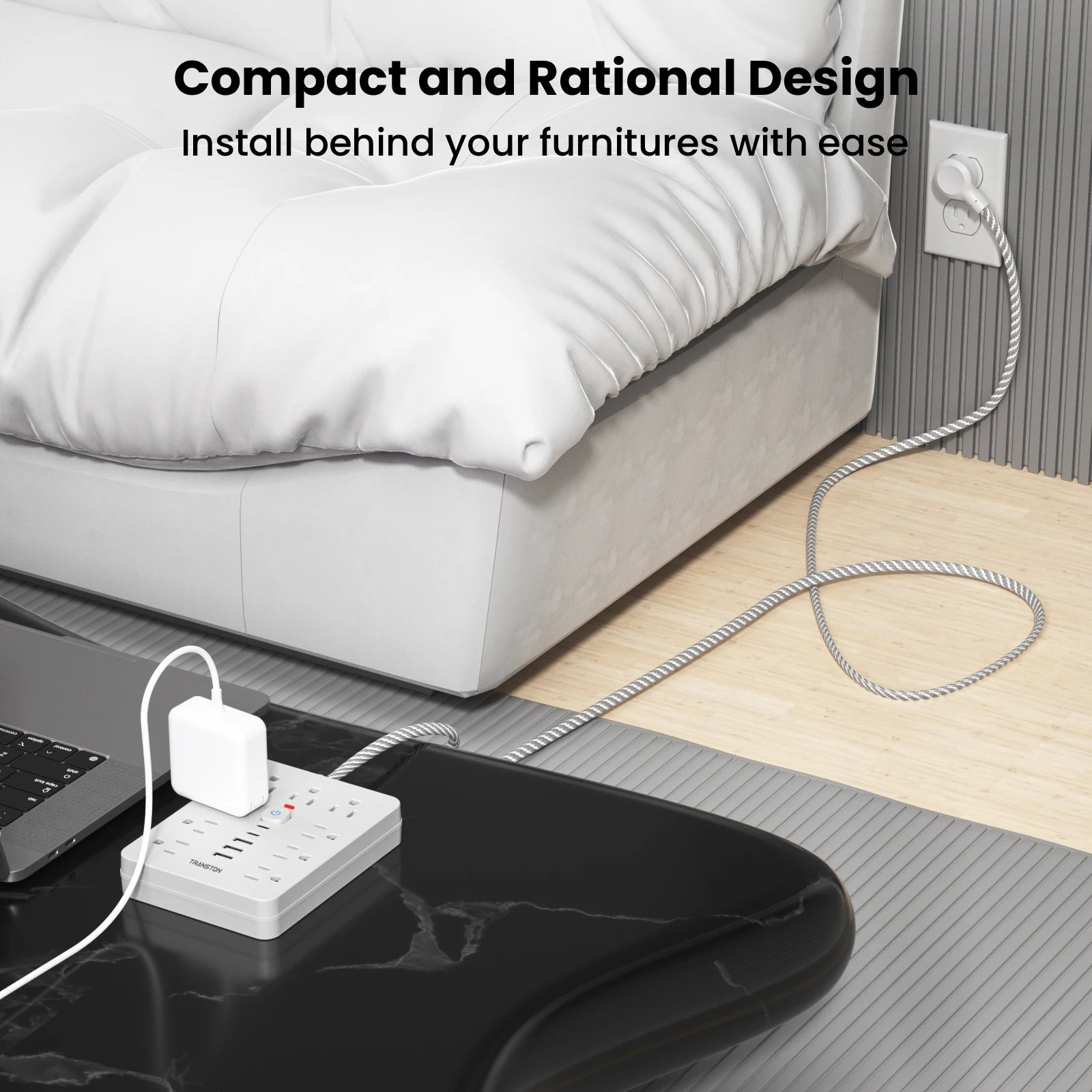 Compact power strip surge protector with usb installed behind furniture to save space and organize cables