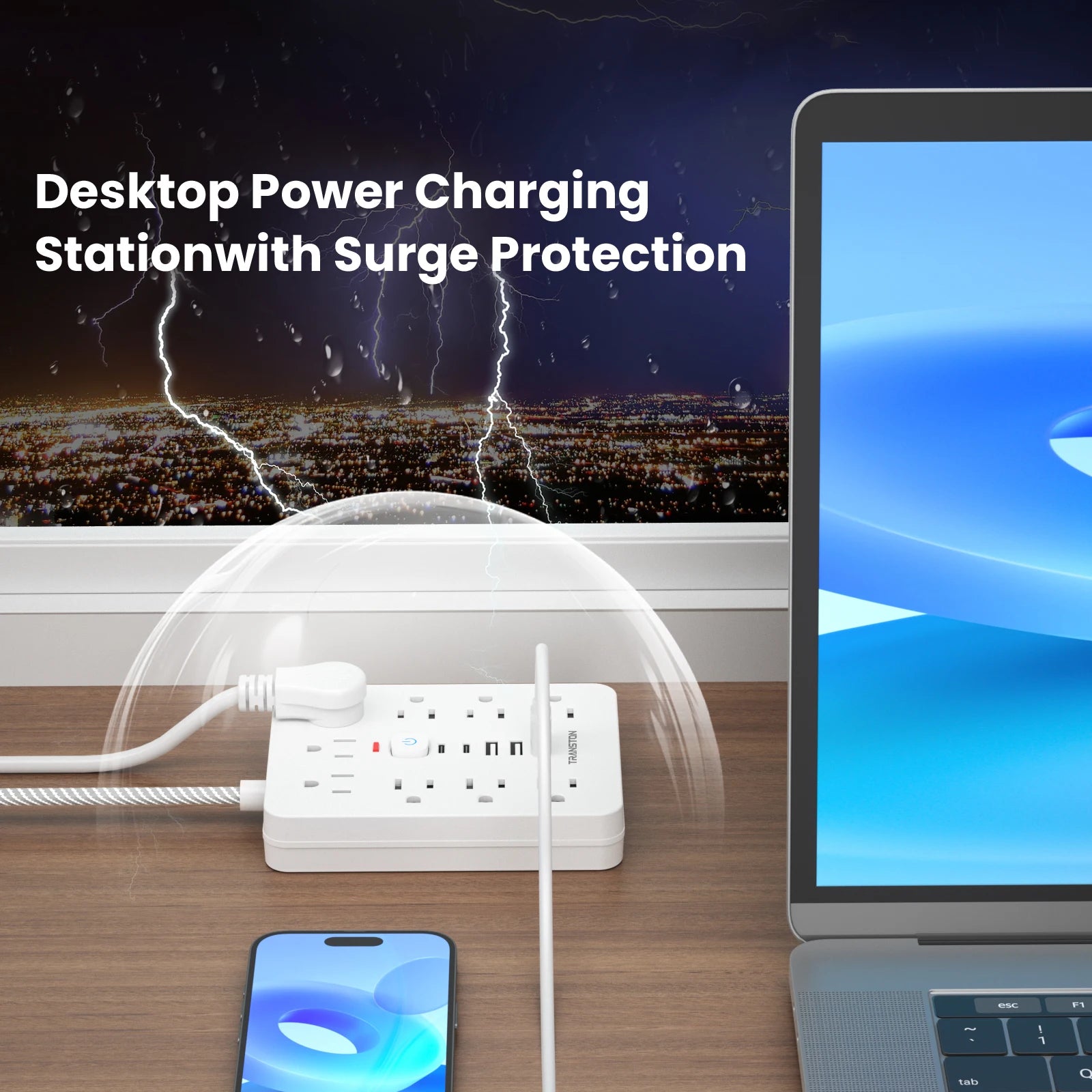 White power strip surge protector with usb on desk protecting laptop and phone from surge