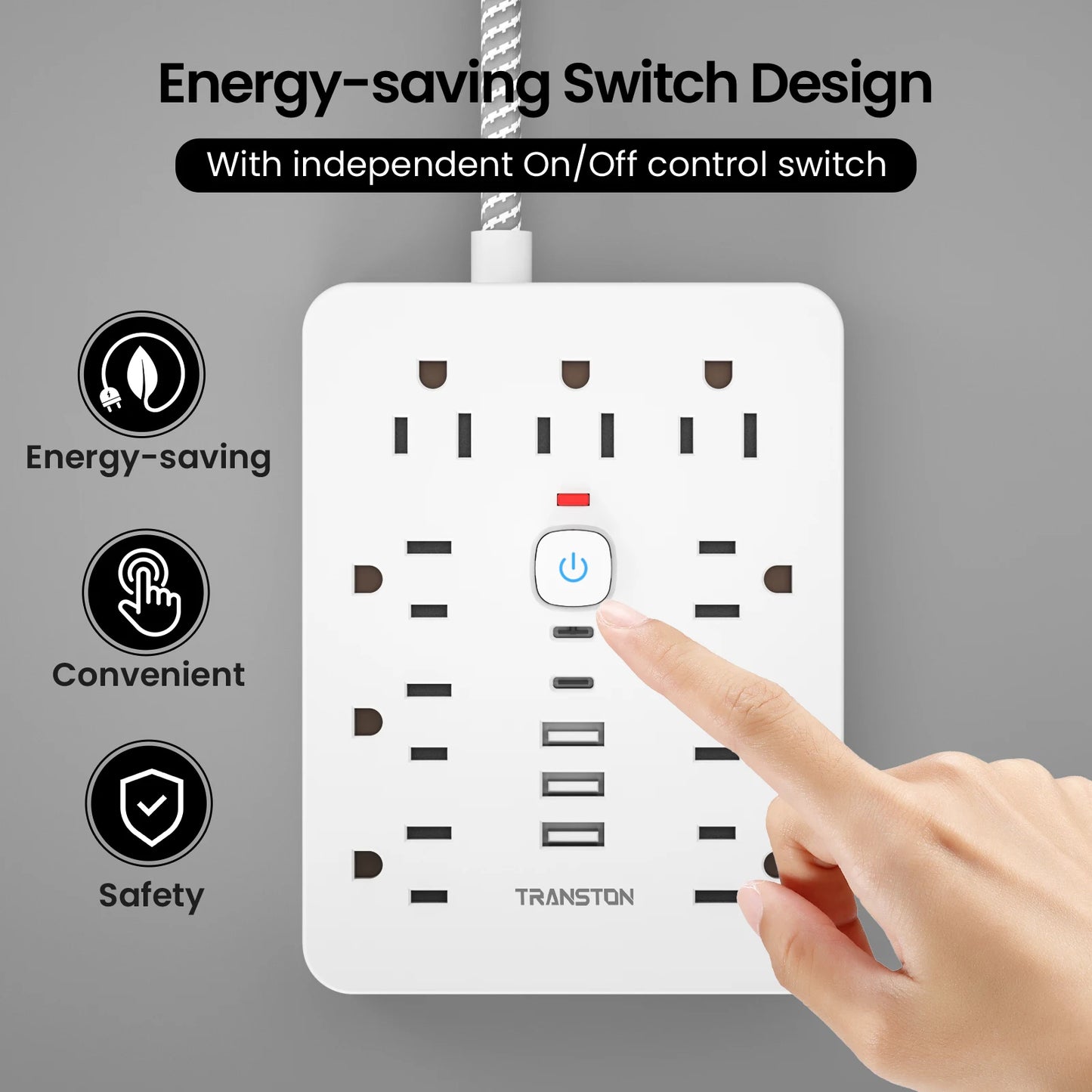 Shop1104029844 white power strip surge protector with usb featuring energy-saving switch and independent on off control