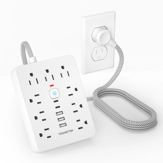 White Transton power strip surge protector with usb featuring multiple outlets and USB ports plugged into wall outlet