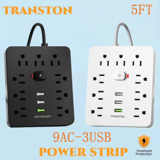 Transton 5FT surge protector power strip with usb in black and white with 9 AC outlets and 3 USB ports