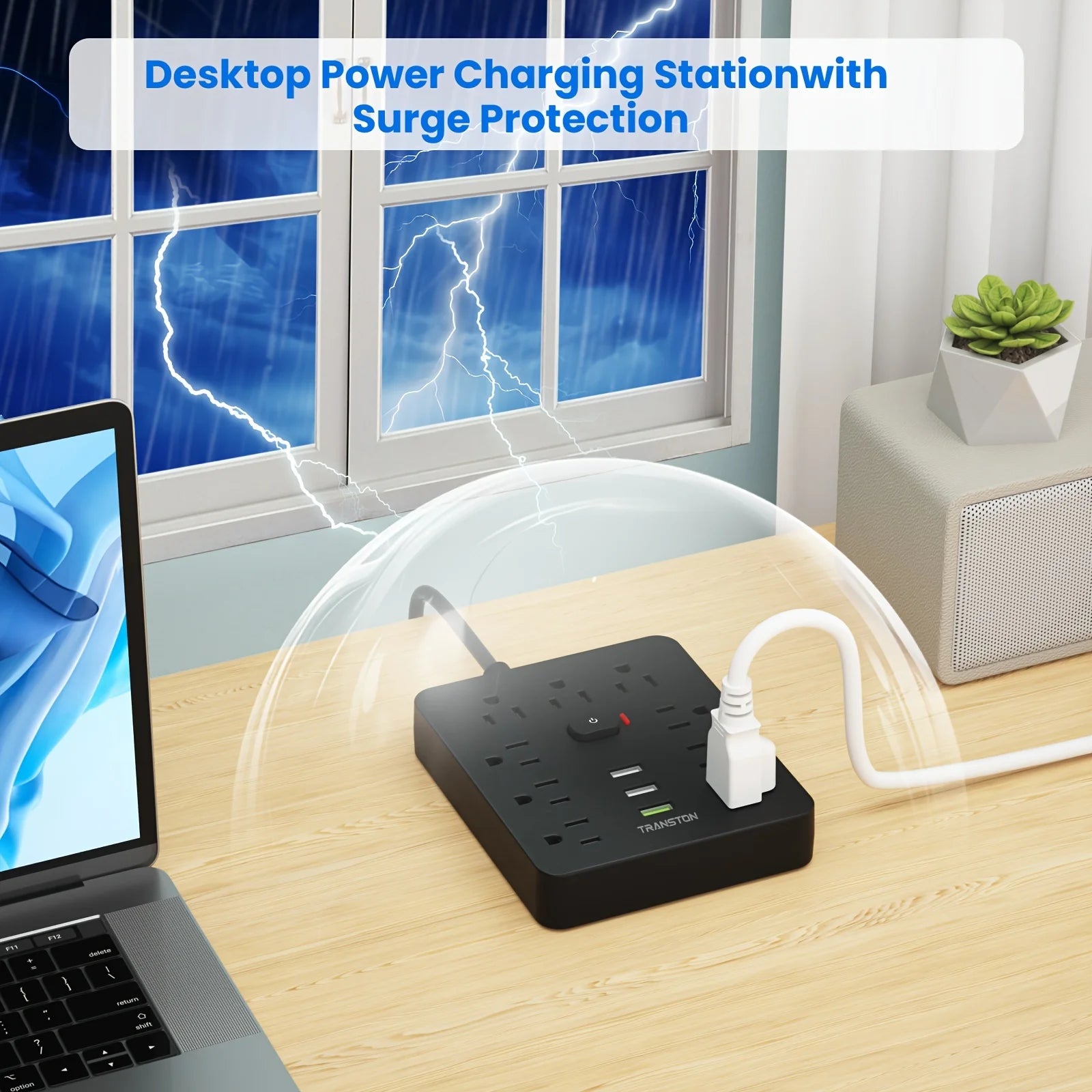 Surge protector power strip with usb in black on desk protecting devices from lightning surges