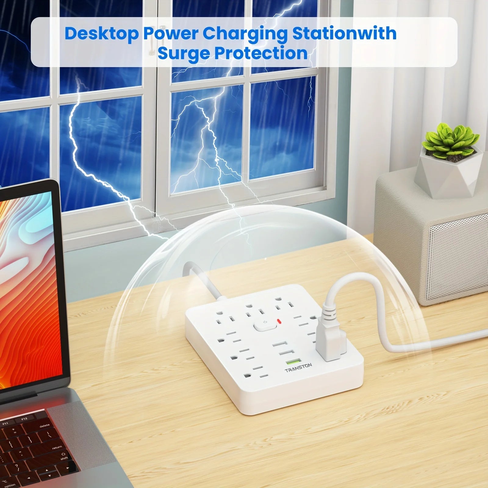 White surge protector power strip with usb on desk protecting laptop from lightning surge