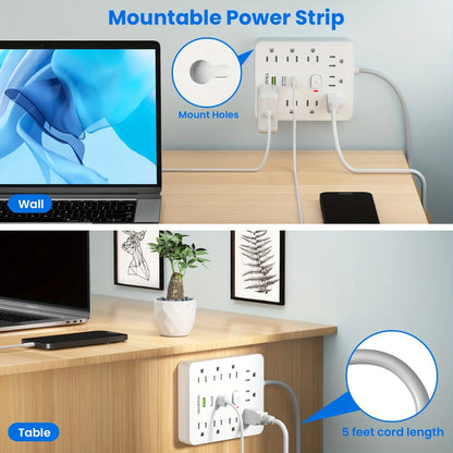 Surge protector power strip with usb mounted on wall and table showing multiple outlets and 5 feet cord length
