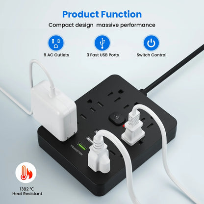 Black surge protector power strip with usb featuring 9 AC outlets 3 fast USB ports and switch control