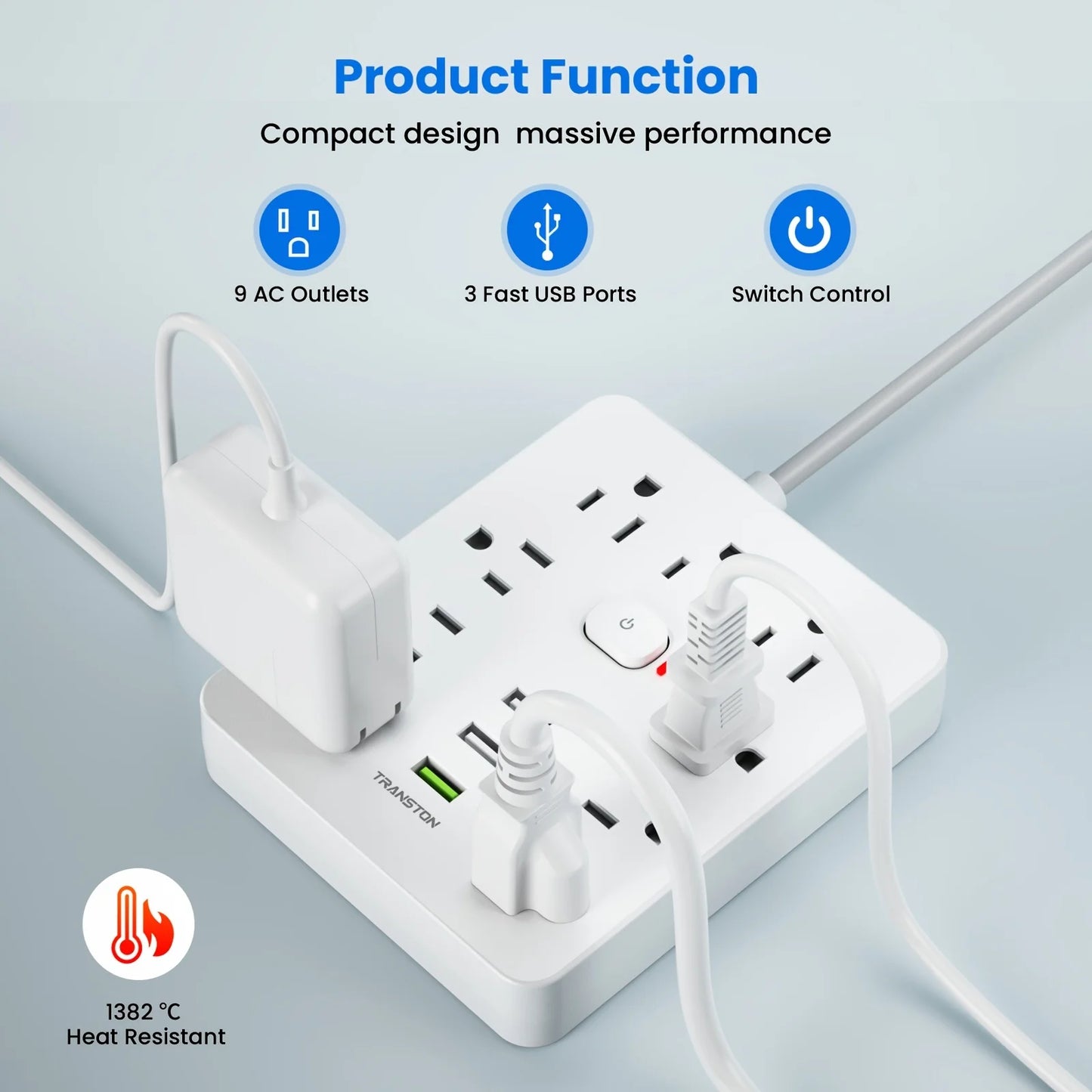 White surge protector power strip with usb featuring 9 AC outlets and 3 fast USB ports with switch control
