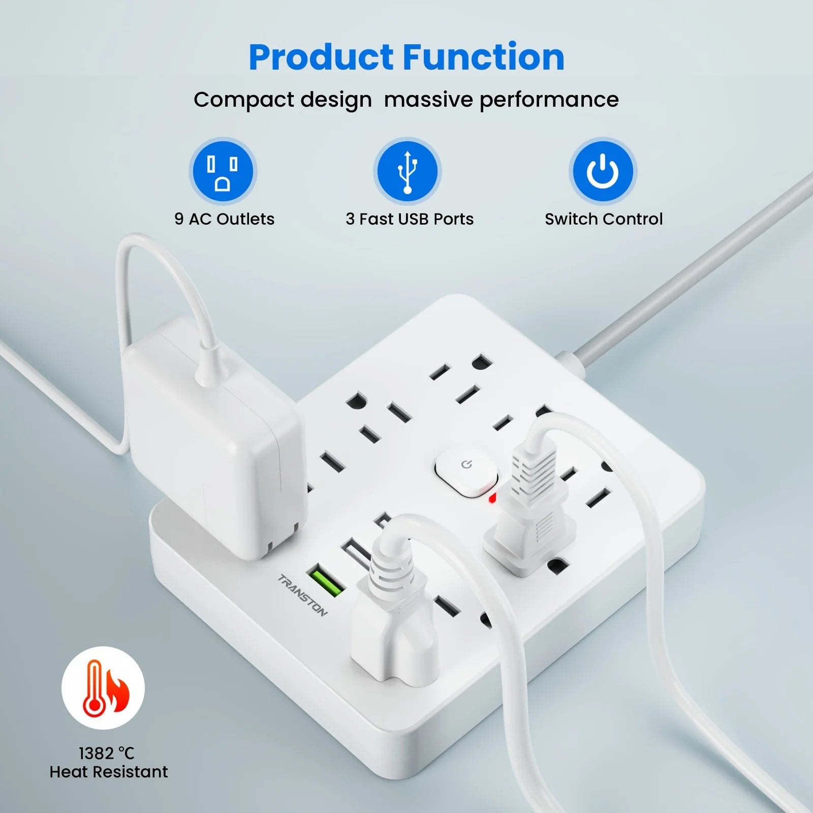White surge protector power strip with usb featuring 9 AC outlets and 3 fast USB ports with switch control