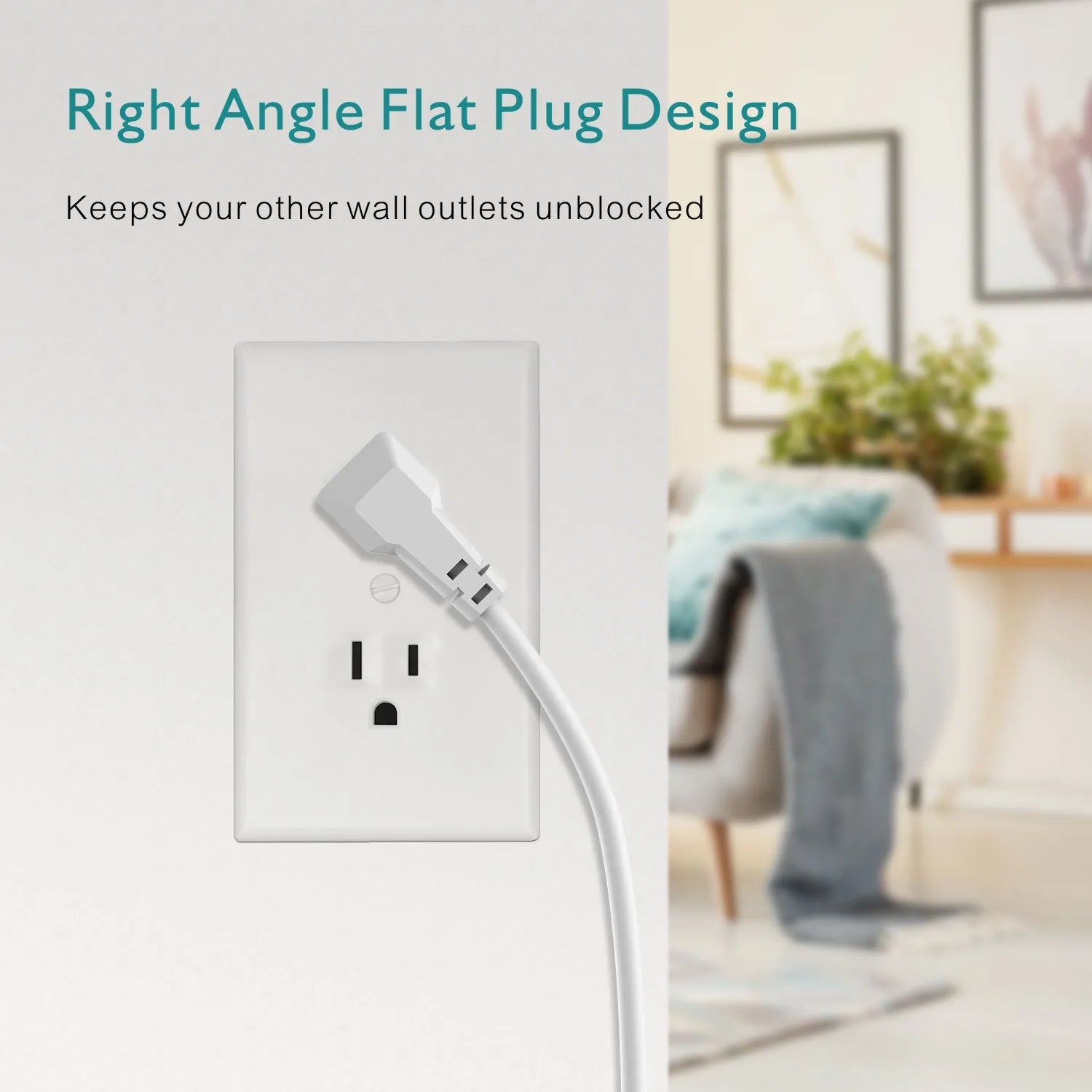 Right angle flat plug design for surge protector power strip with usb keeps wall outlets unblocked